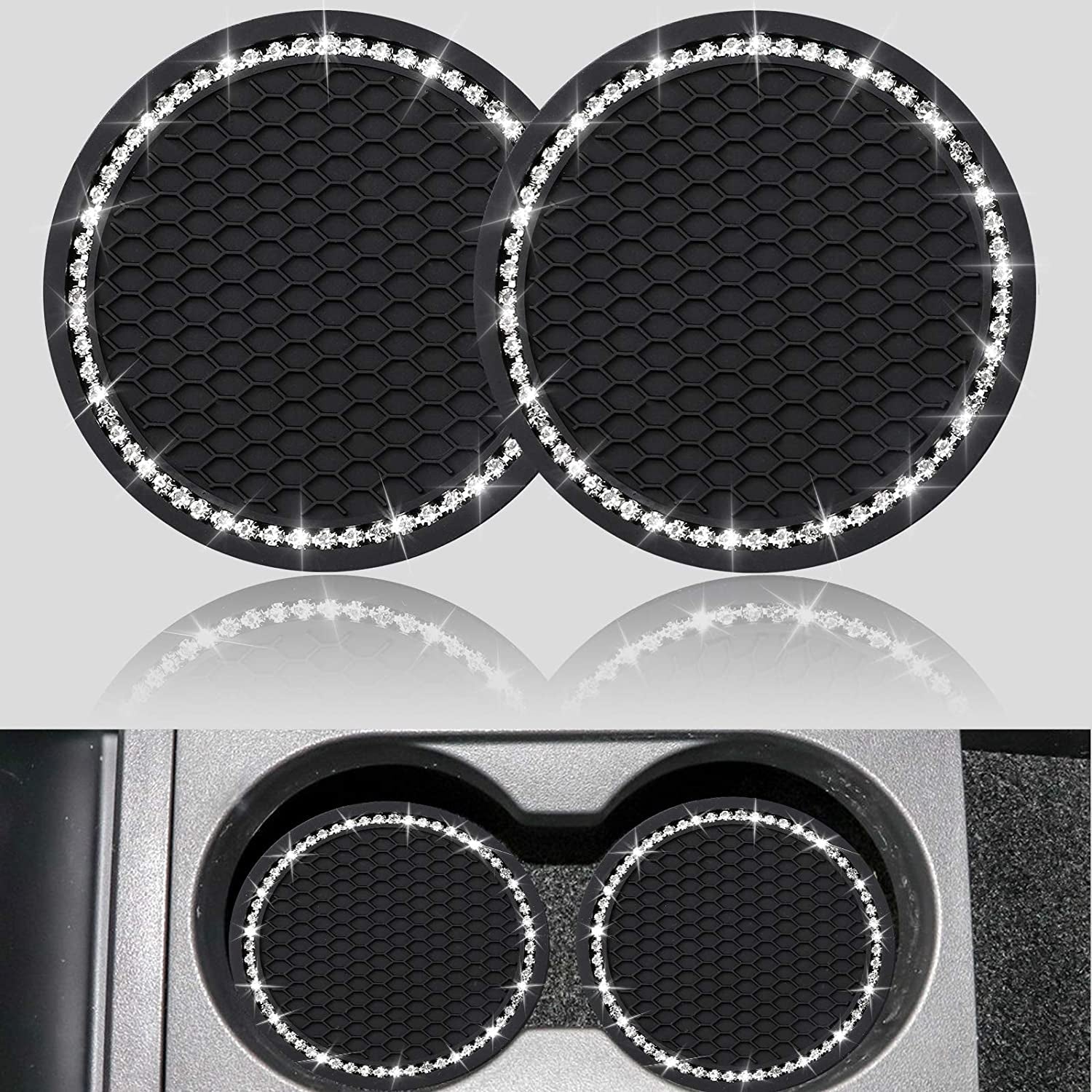 2PCS Bling Car Cup Coaster, Universal Vehicle Bling Holder Insert,2.75 Inch Rhinestone anti Slip Silicone Insert,Suitable for Most Car Interior,Best Gift Car Bling for Women, Black, 2 Pack